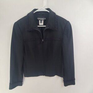 St. John Griffith Gray Women's Front  Zip Jacket Black Size 8 Fringe Detail
